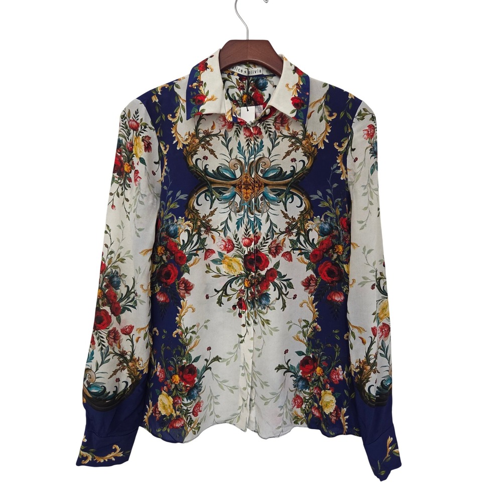 Alice + Olivia Willa Silk Blouse Gilded Rose Floral Womens XS Blue NWT $395